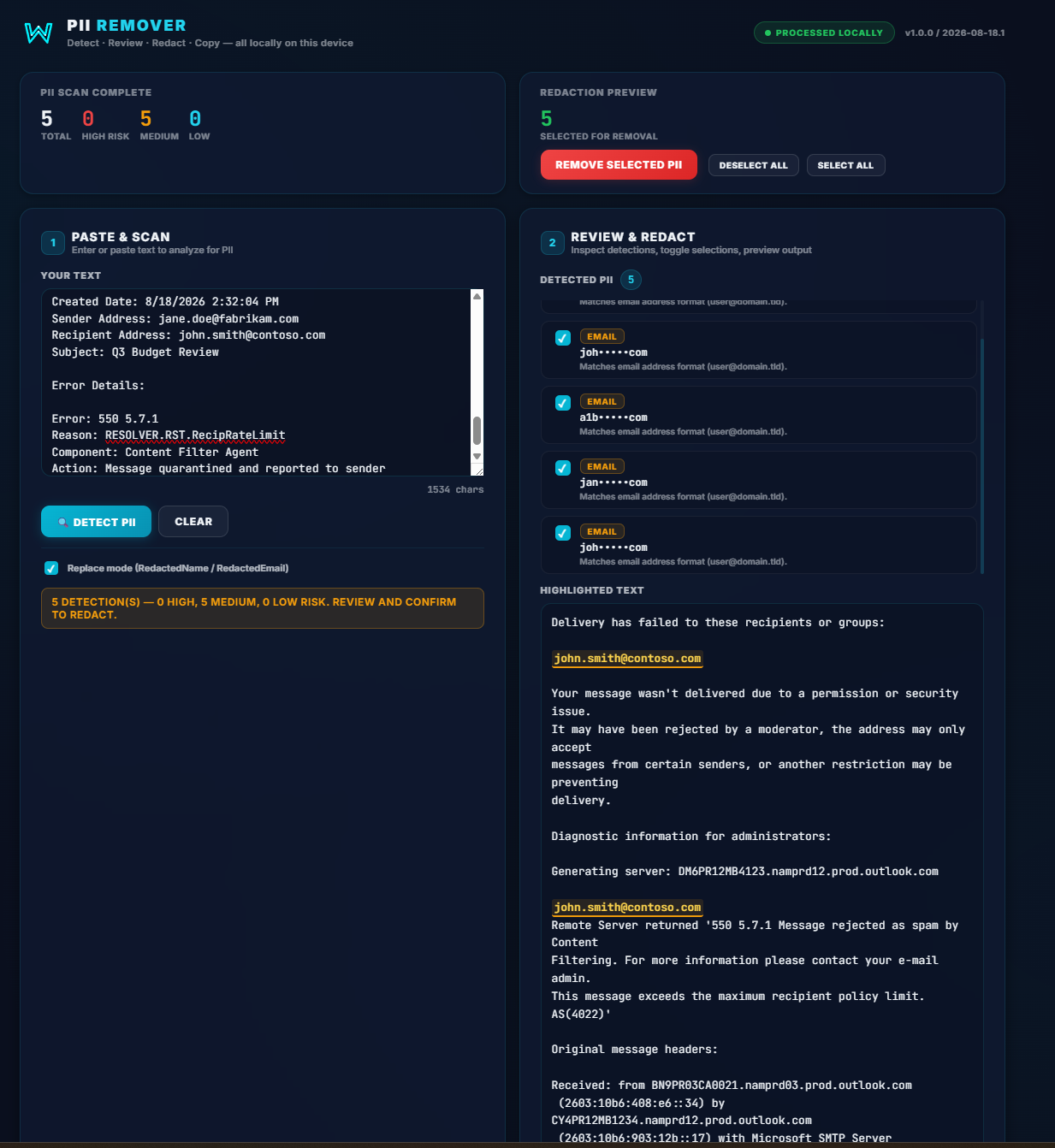 PII detection demo showing highlighted matches with risk levels