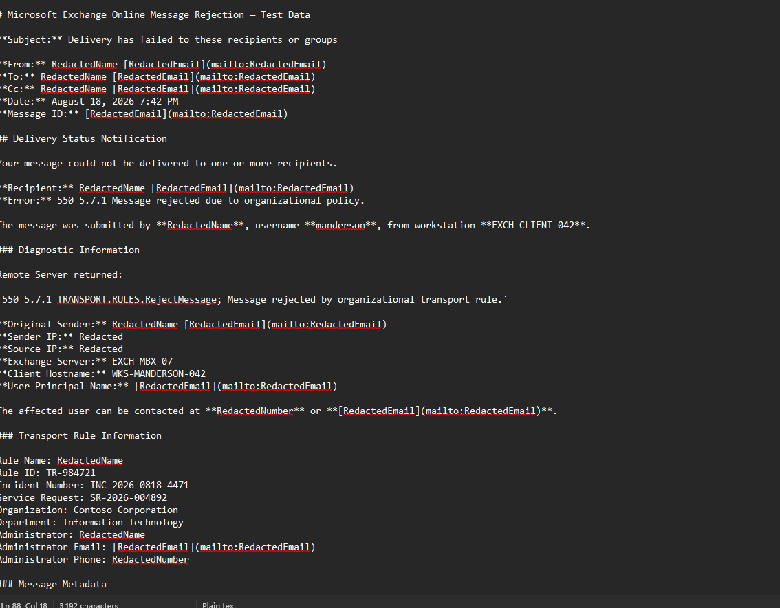 PII Remover example 1 showing redacted results
