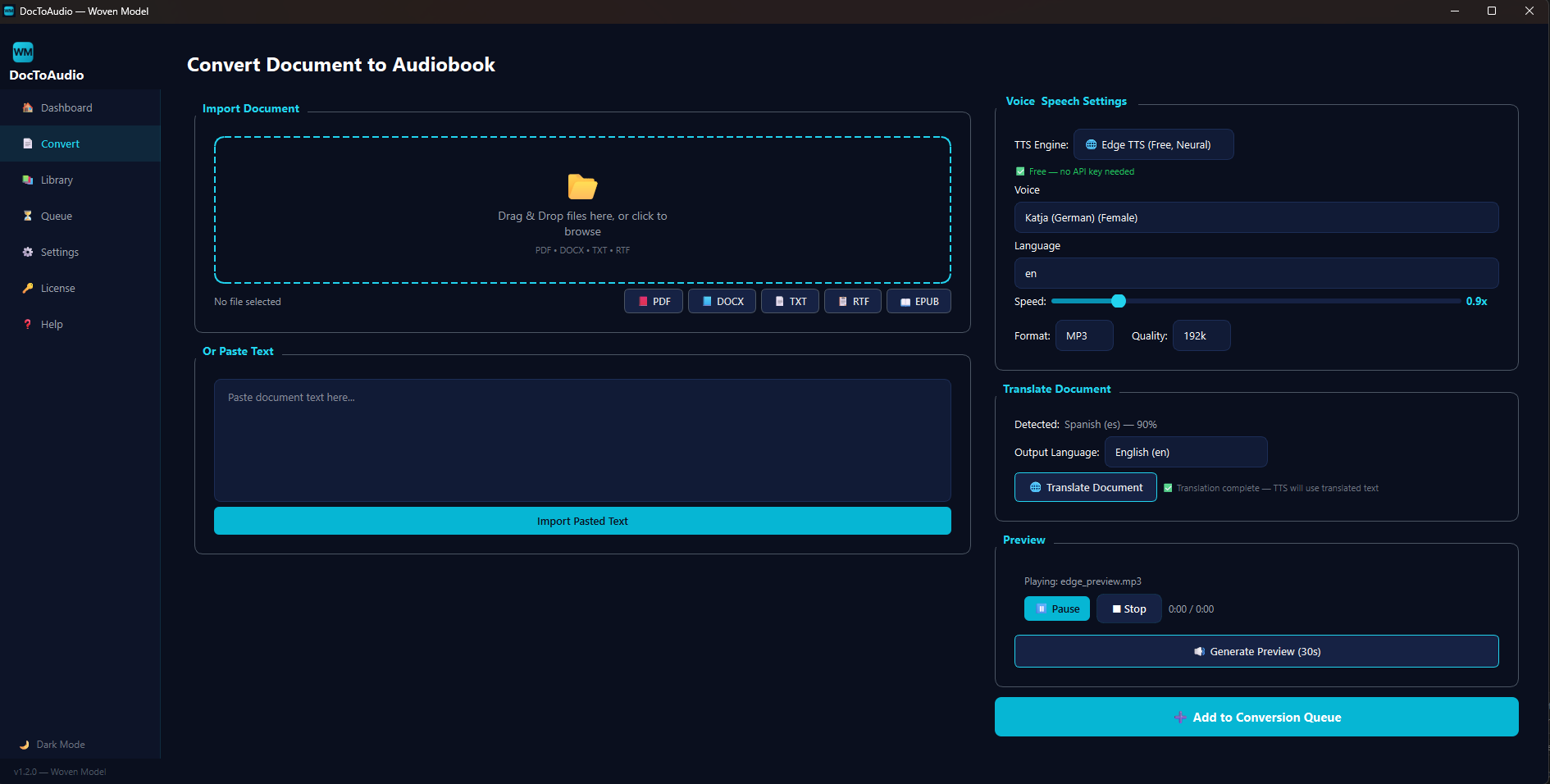 DocToAudio Convert page showing document import, translation controls, TTS engine selection, preview, and queue