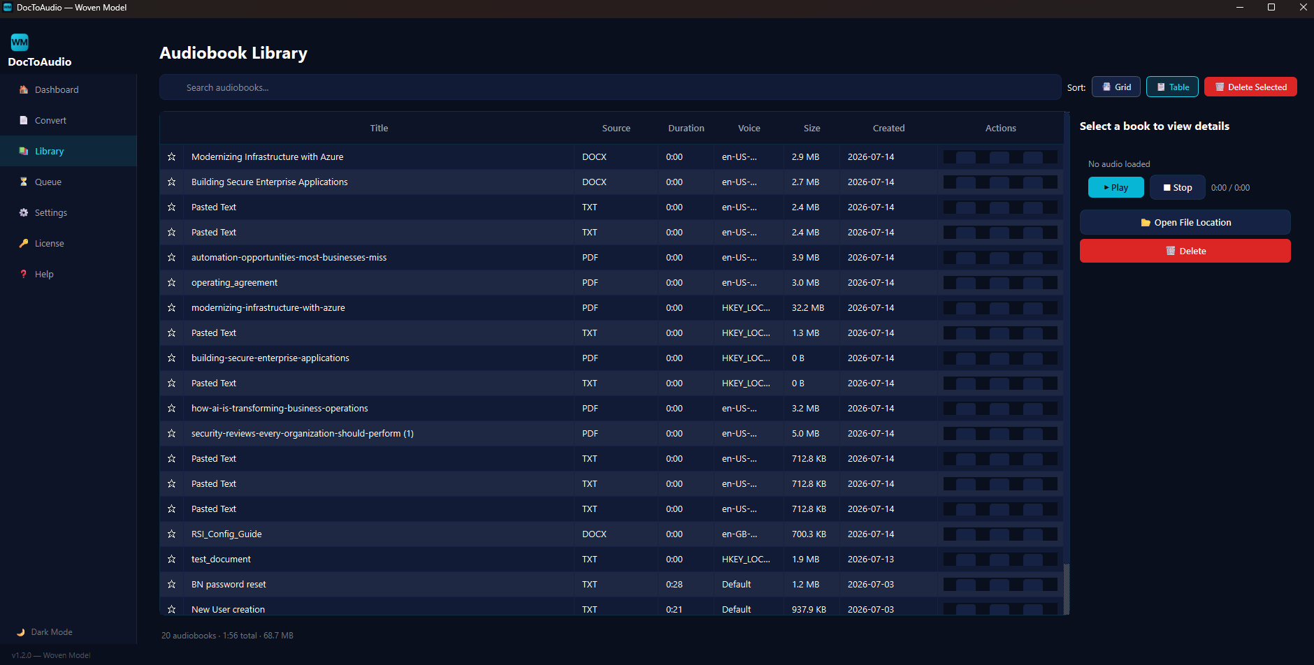 DocToAudio Library page showing audiobook table with search, sort, and playback controls