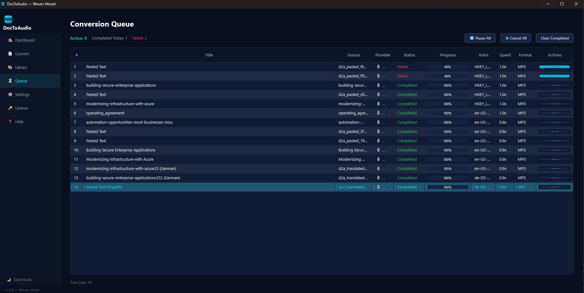 DocToAudio active conversion with progress bar and TTS engine status