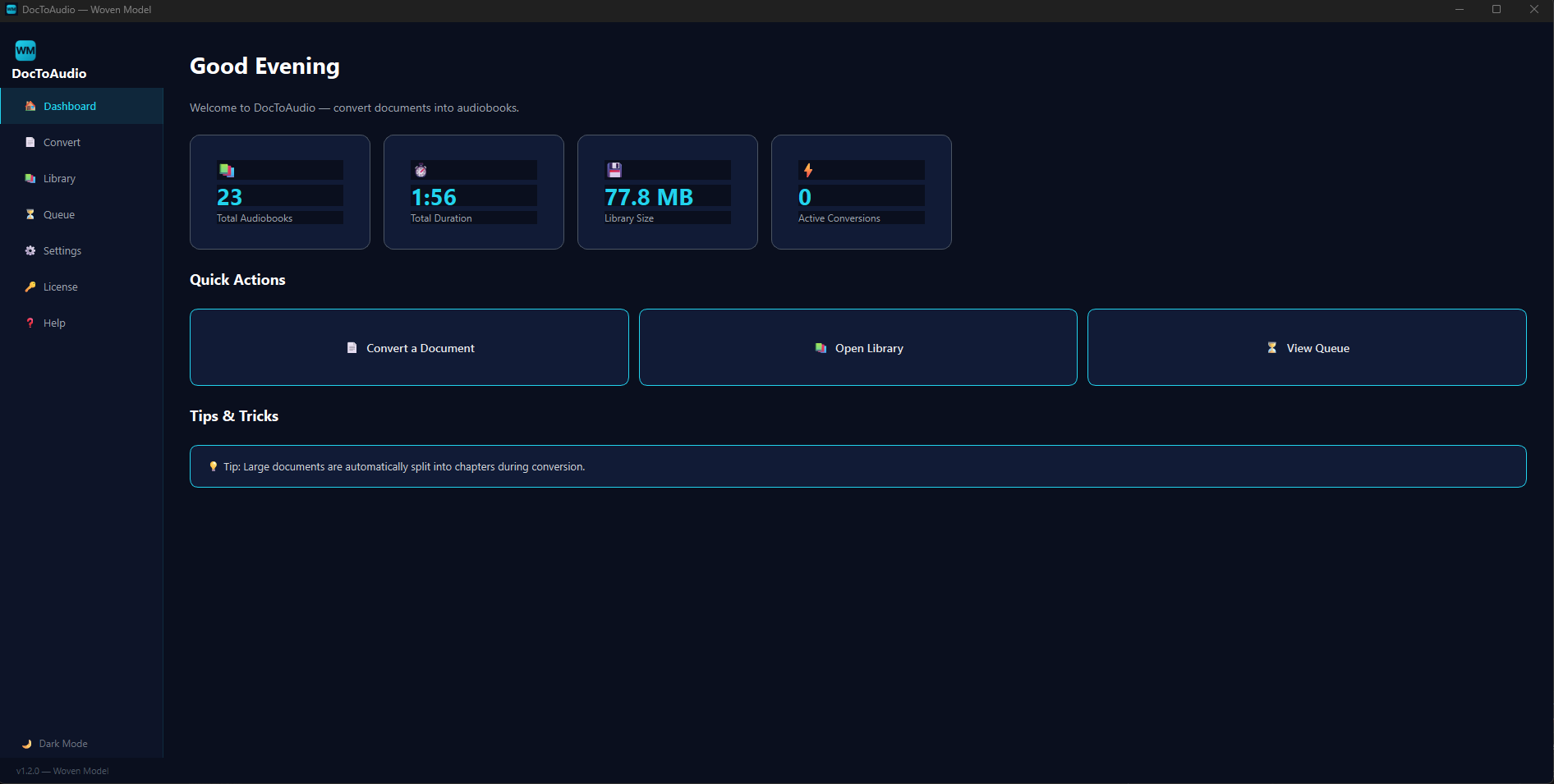 DocToAudio Dashboard page showing KPI cards, quick actions, and recent audiobooks