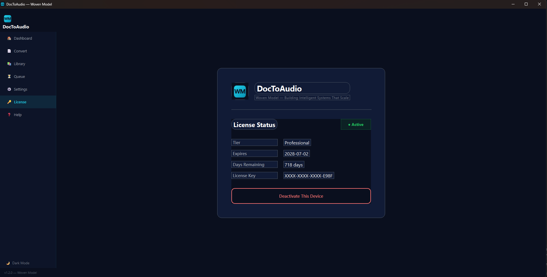 DocToAudio License page with activation form and trial button