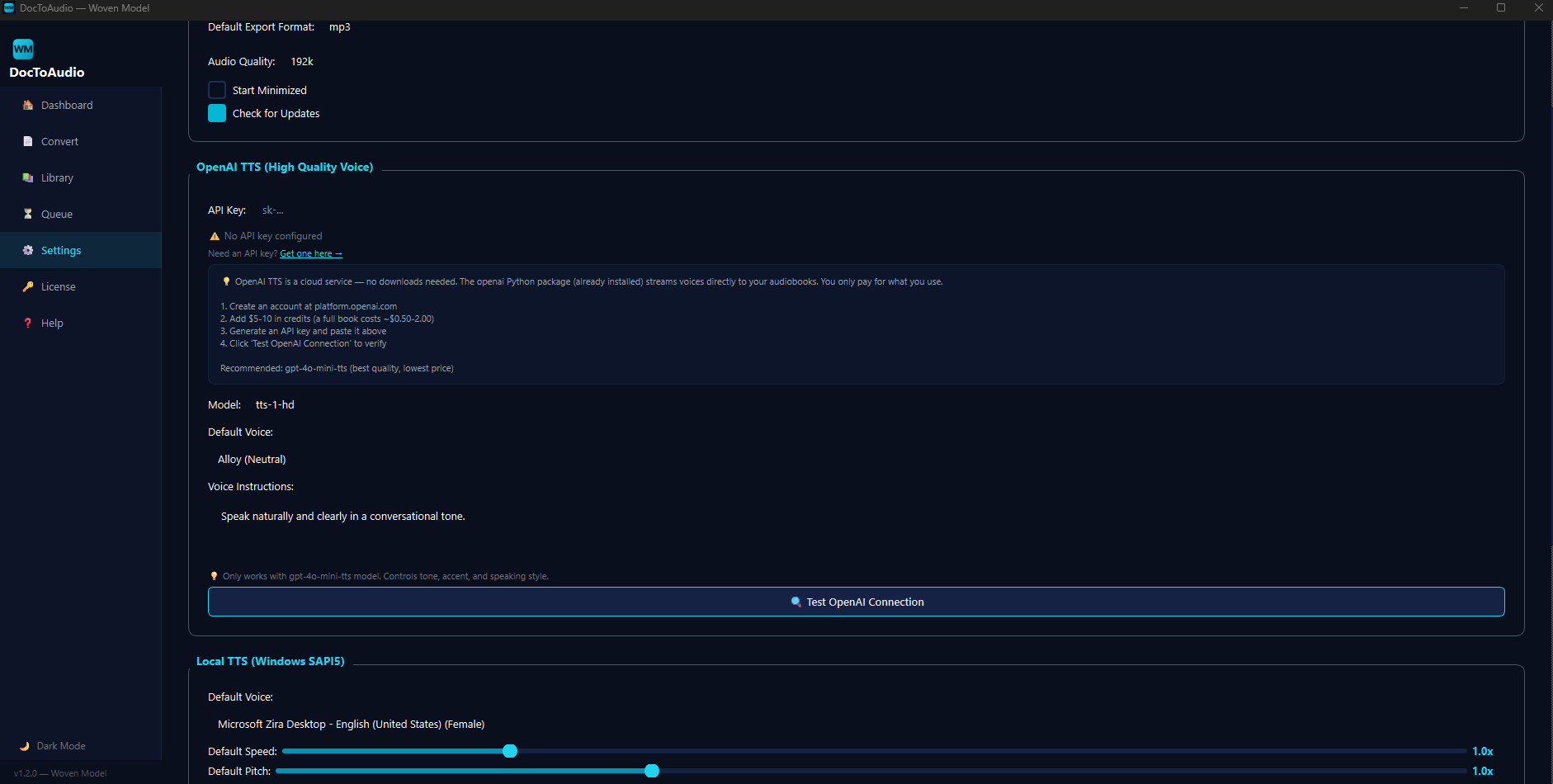 DocToAudio Settings page with General, OpenAI TTS, Local TTS, Appearance, and License sections